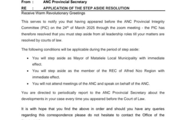 The leaked letter that is directed to Matatile Local Municipality Mayor ordering him to step-aside with immediate effect.
