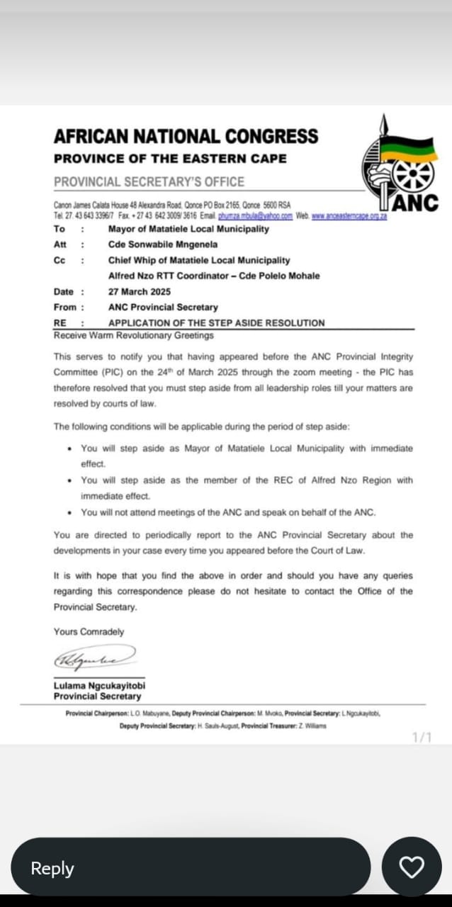 The leaked letter that is directed to Matatile Local Municipality Mayor ordering him to step-aside with immediate effect.